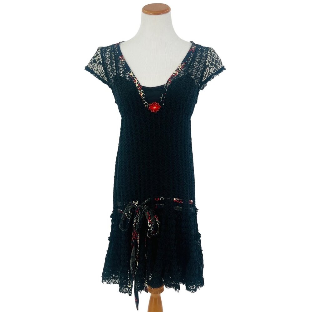 VTG Free People Black Crochet Drop Waist Mini Dress| Whimsigoth Grunge Fairy 90s